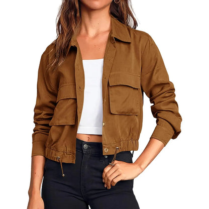 Women Lapel Collar Button Down Pocket Drawstring Hem Cargo Windbreaker Jacket