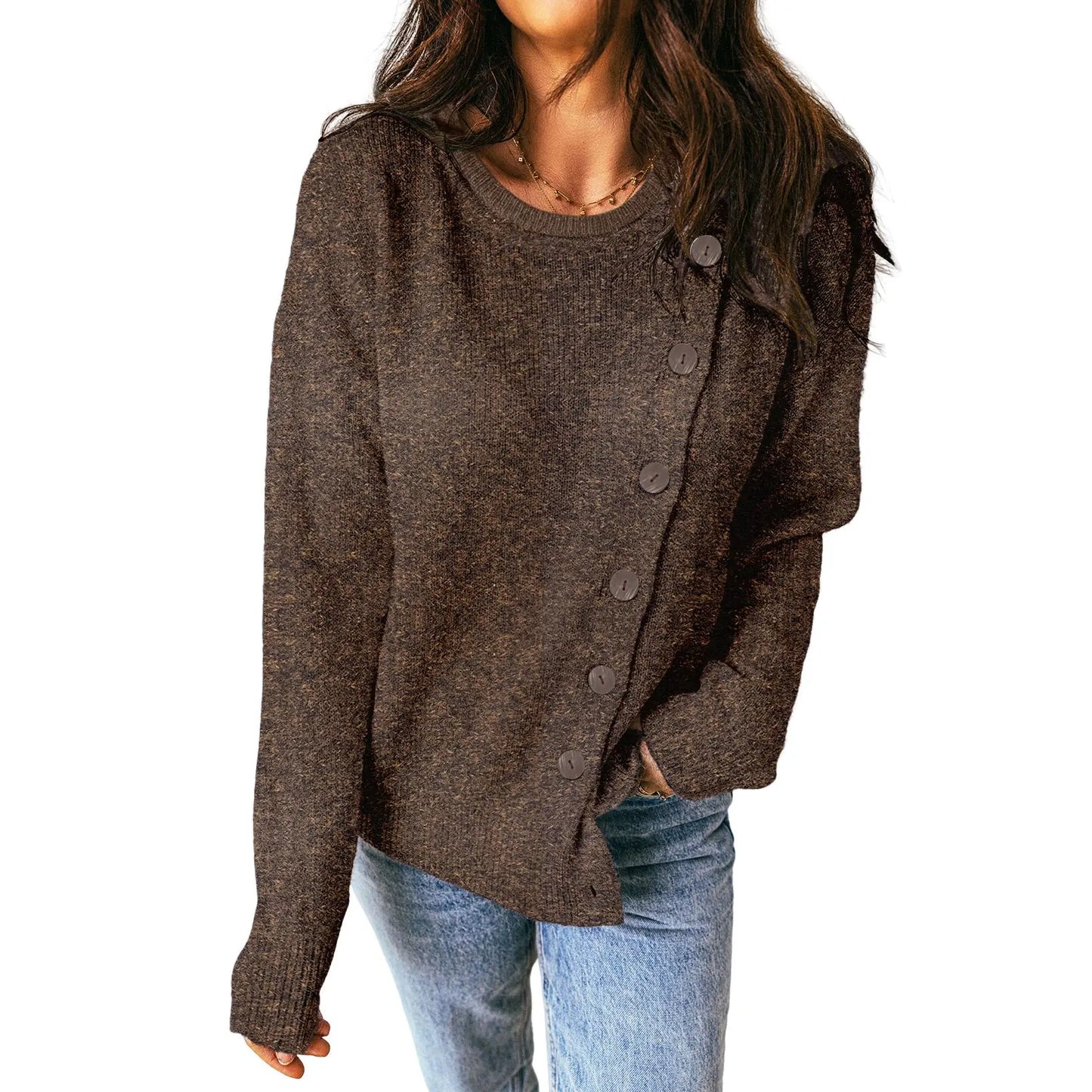 Women Long Sleeve Crew Neck Asymmetric Diagonal Button Knit Top