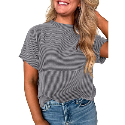 Women Textured Rib Splice Crew Neck Loose Fit Knit Short Sleeve T-shirt