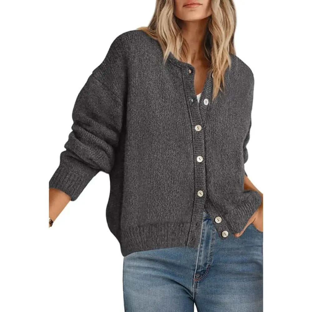 Round Neck Button Long Sleeve Knit Cardigan