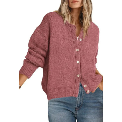 Round Neck Button Long Sleeve Knit Cardigan