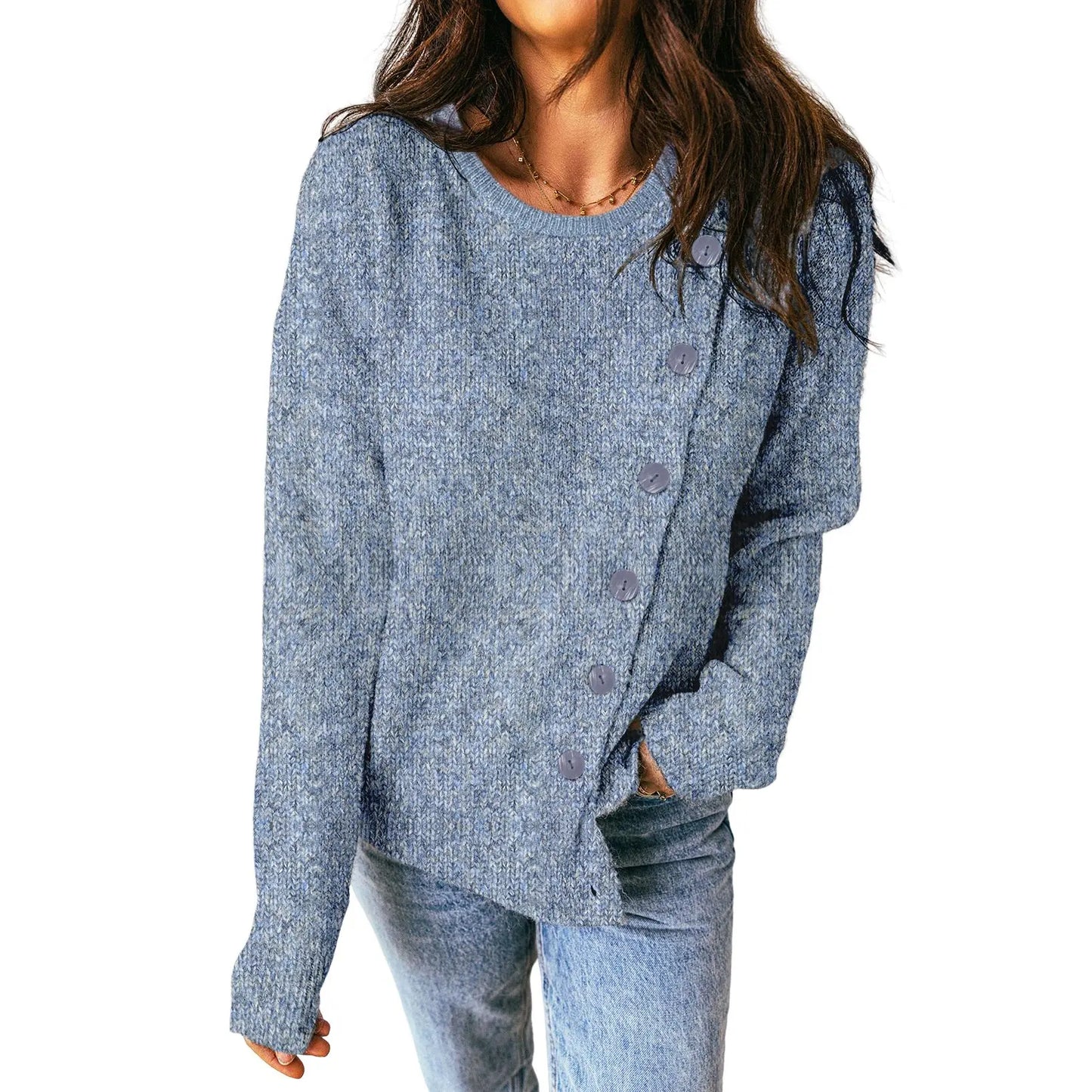 Women Long Sleeve Crew Neck Asymmetric Diagonal Button Knit Top