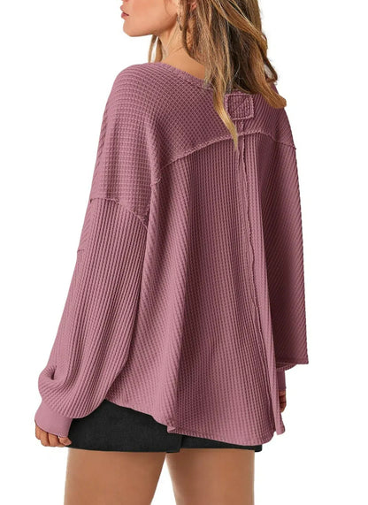 Women's Waffle Knit Oversized V Neck Batwing Long Sleeve Tops