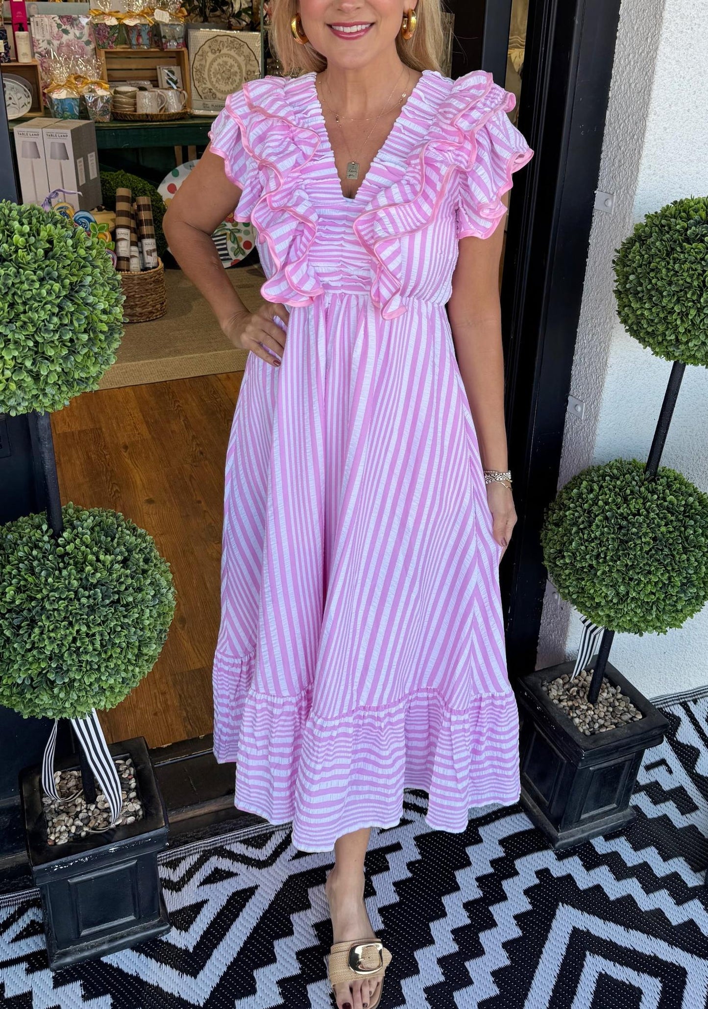 Women's Elegant V-neck Striped Ruffle Detail Midi Dress