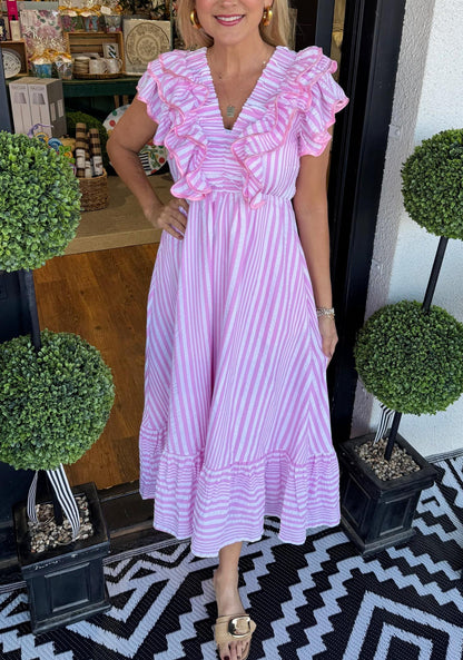 Women's Elegant V-neck Striped Ruffle Detail Midi Dress