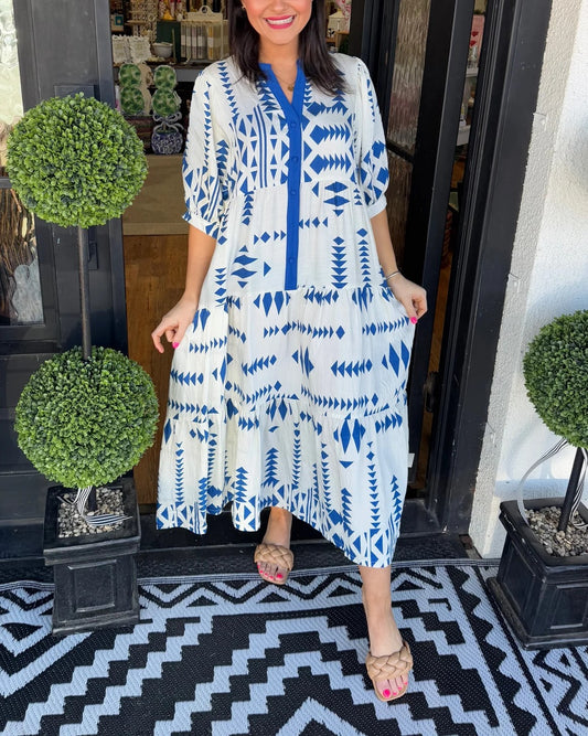 ✨Women's Button V Neck Geometric Print Dress