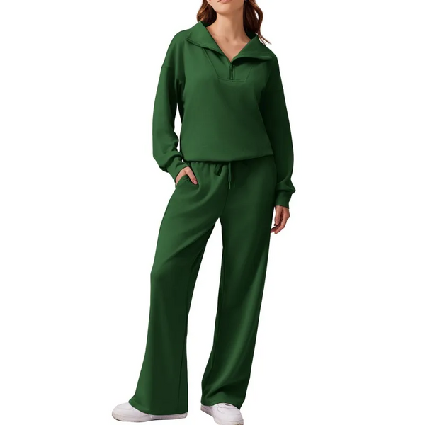 Women Oversized Half‑Zip Pullover & Elastic Drawstring Wide Leg Sweatpants 2‑Piece Outfit