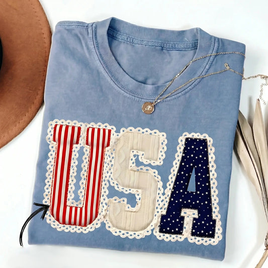 4th of July American Flag Bow Faux Patchwork Lace Tee