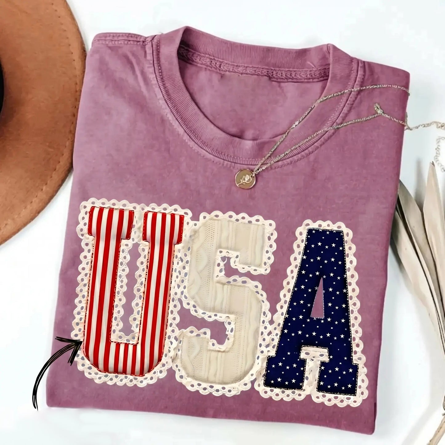 4th of July American Flag Bow Faux Patchwork Lace Tee