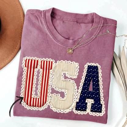 4th of July American Flag Bow Faux Patchwork Lace Tee