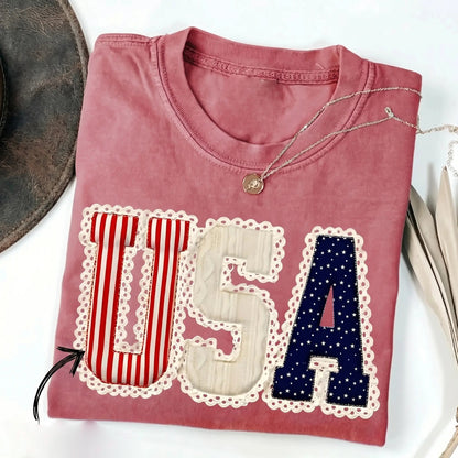 4th of July American Flag Bow Faux Patchwork Lace Tee