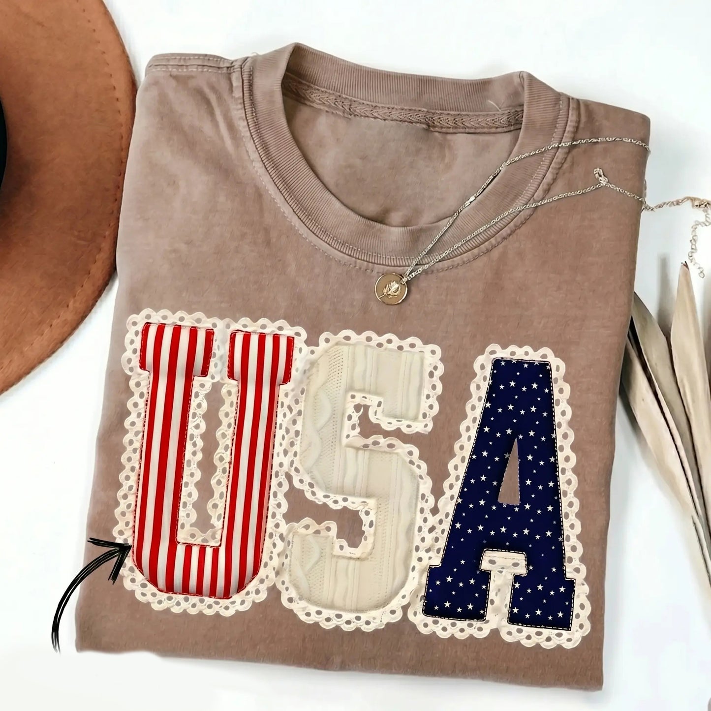 4th of July American Flag Bow Faux Patchwork Lace Tee