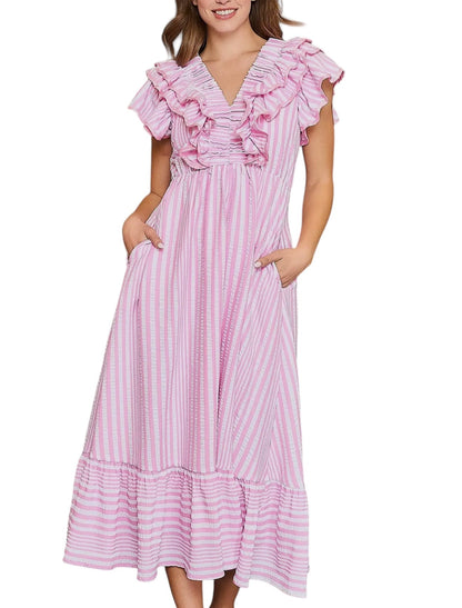 Women's Elegant V-neck Striped Ruffle Detail Midi Dress