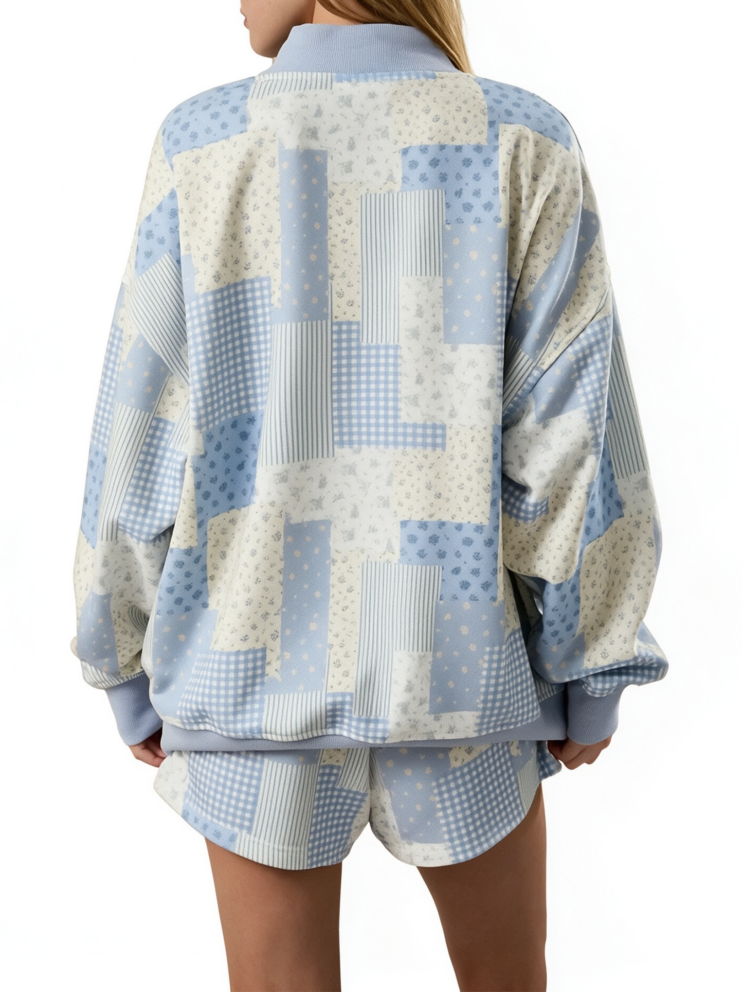 Women's Blue Patchwork Floral Print 2-Piece Loungewear Set