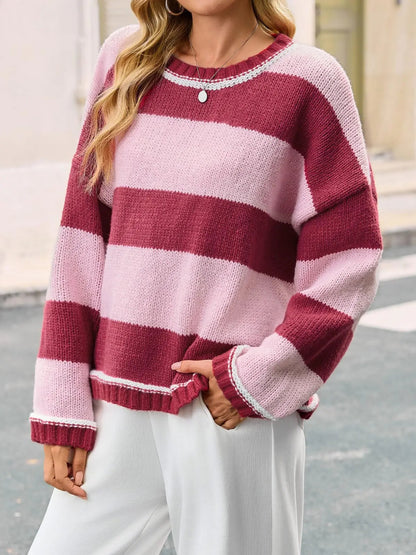 Womens Oversized Color Block Crewneck Knitted Sweaters Tops