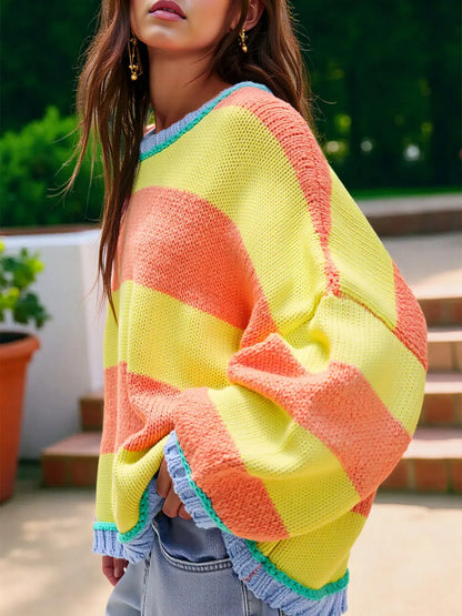 Womens Oversized Color Block Crewneck Knitted Sweaters Tops