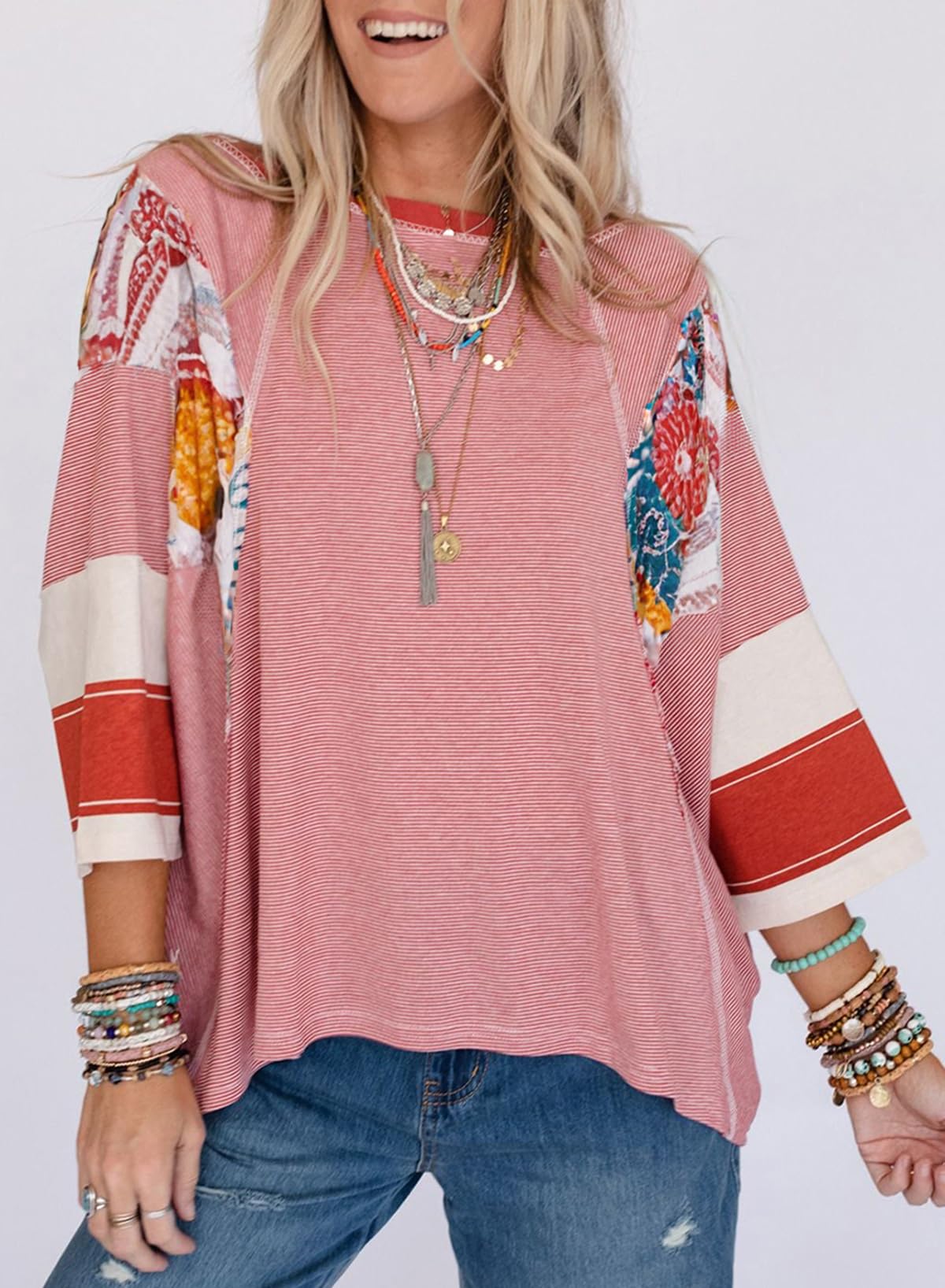 ✨Women's 3/4 Length Sleeve Oversized Striped Patchwork Shirts