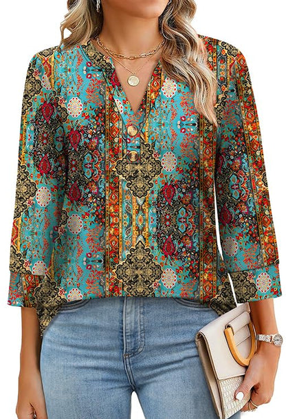 ✨Womens 3/4 Sleeve Heley Button V neck Tops