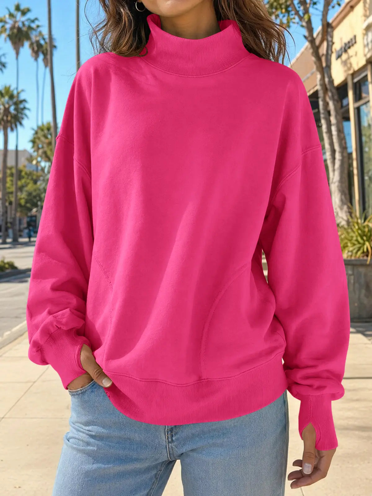 Women's Oversized Mock Neck Sweatshirt with Thumbholes