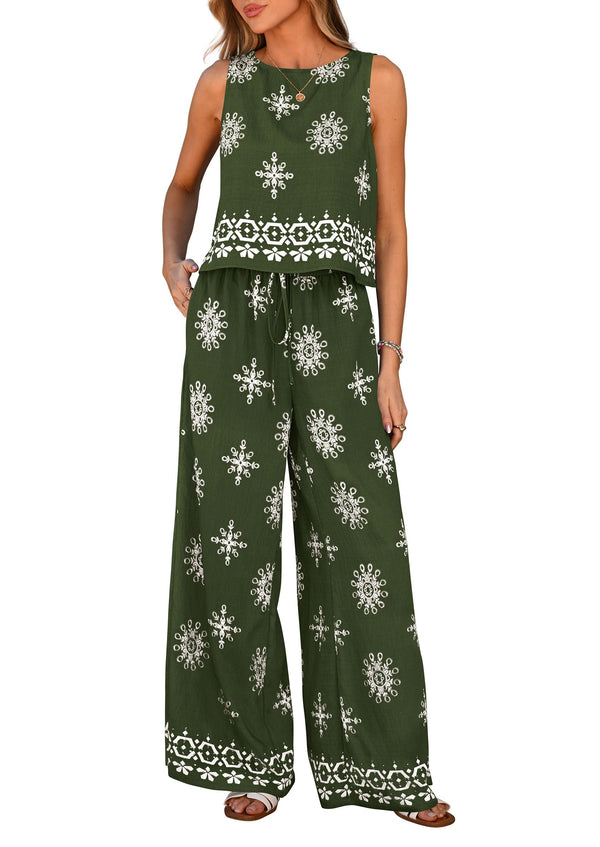 Women's Boho Floral Tank Tops Flowy Wide Peg Pants 2-Piece Sets