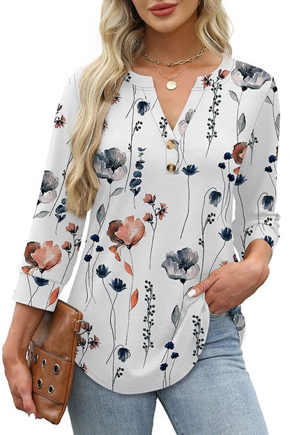 ✨Womens 3/4 Sleeve Heley Button V neck Tops