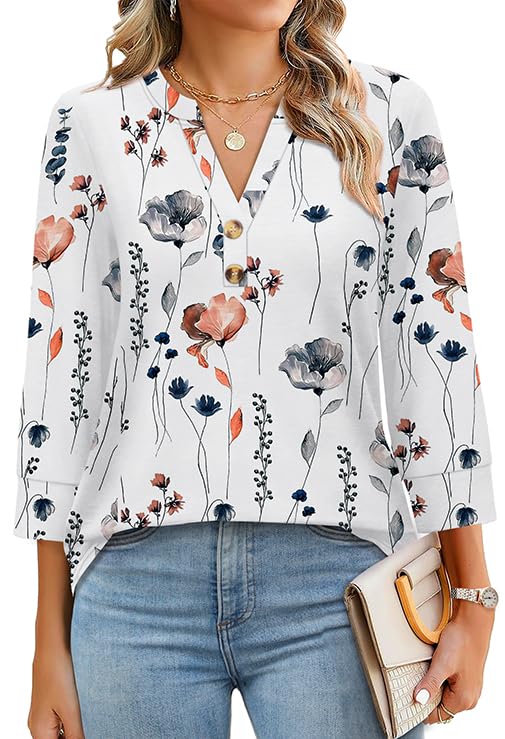 ✨Womens 3/4 Sleeve Heley Button V neck Tops