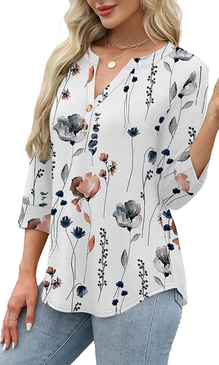 ✨Womens 3/4 Sleeve Heley Button V neck Tops