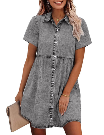 ⏰Hot Sale-Women's Short Sleeve Button Denim Shirt Dress