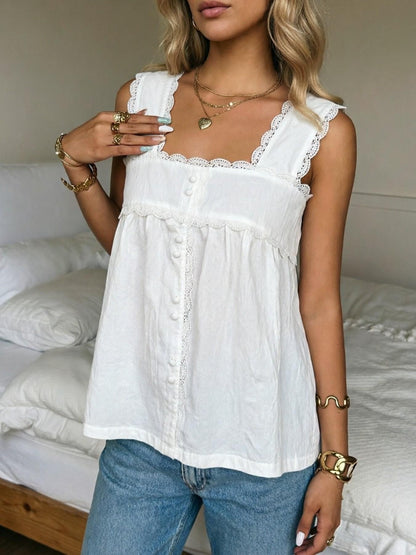 Womens Lace Trim Square Neck Sleeveless Tank Top