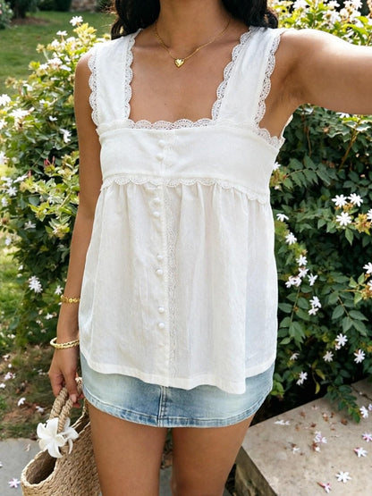Womens Lace Trim Square Neck Sleeveless Tank Top