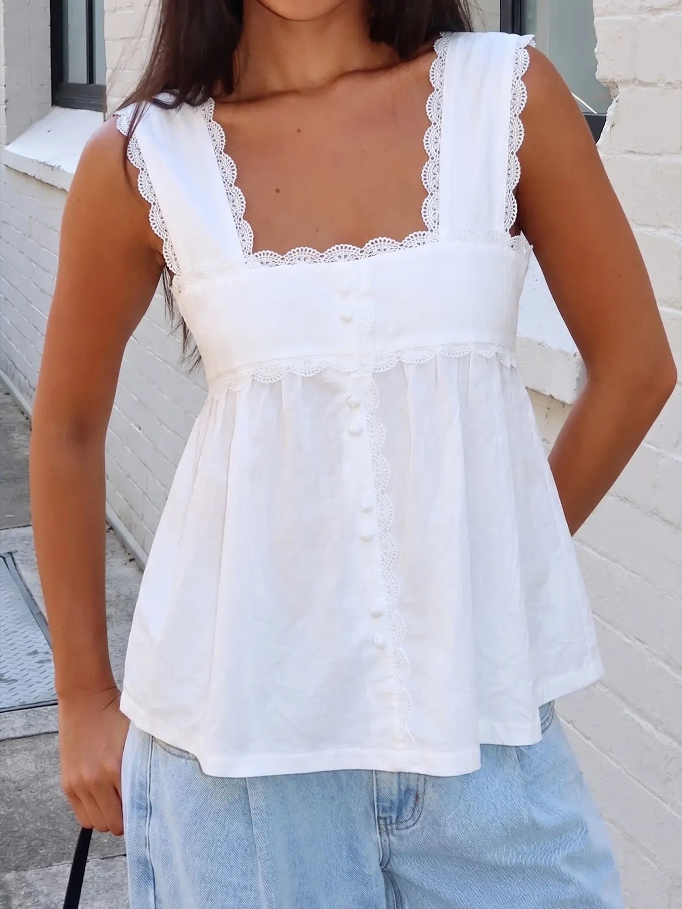 Womens Lace Trim Square Neck Sleeveless Tank Top