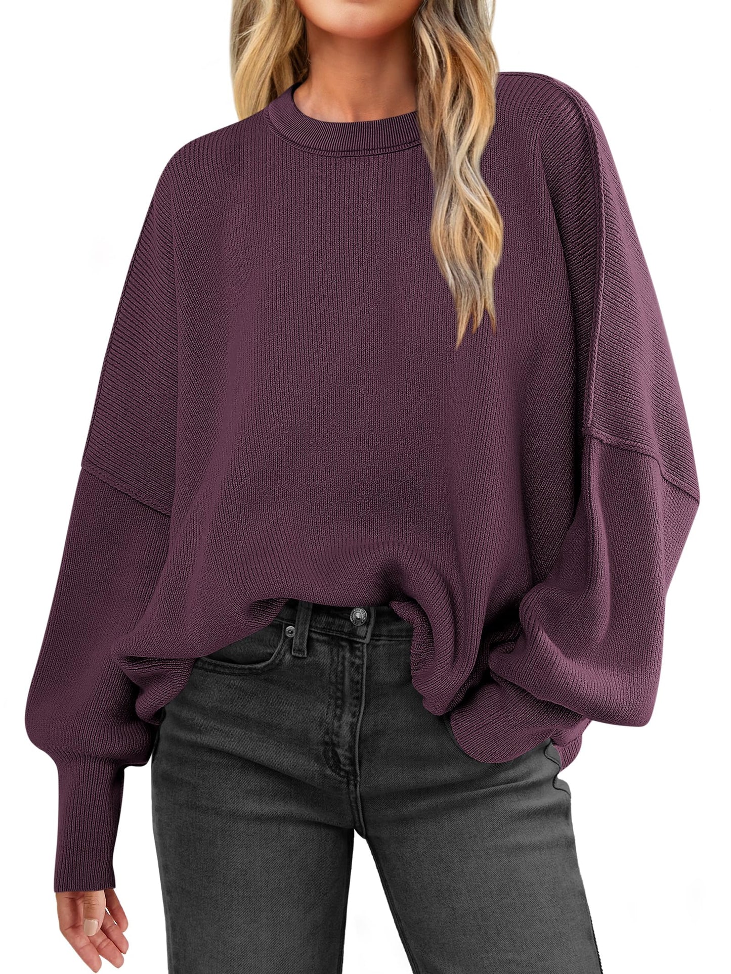 Women Oversized Side Slit Ribbed Knit Pullover Sweaters Top