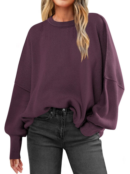 Women Oversized Side Slit Ribbed Knit Pullover Sweaters Top