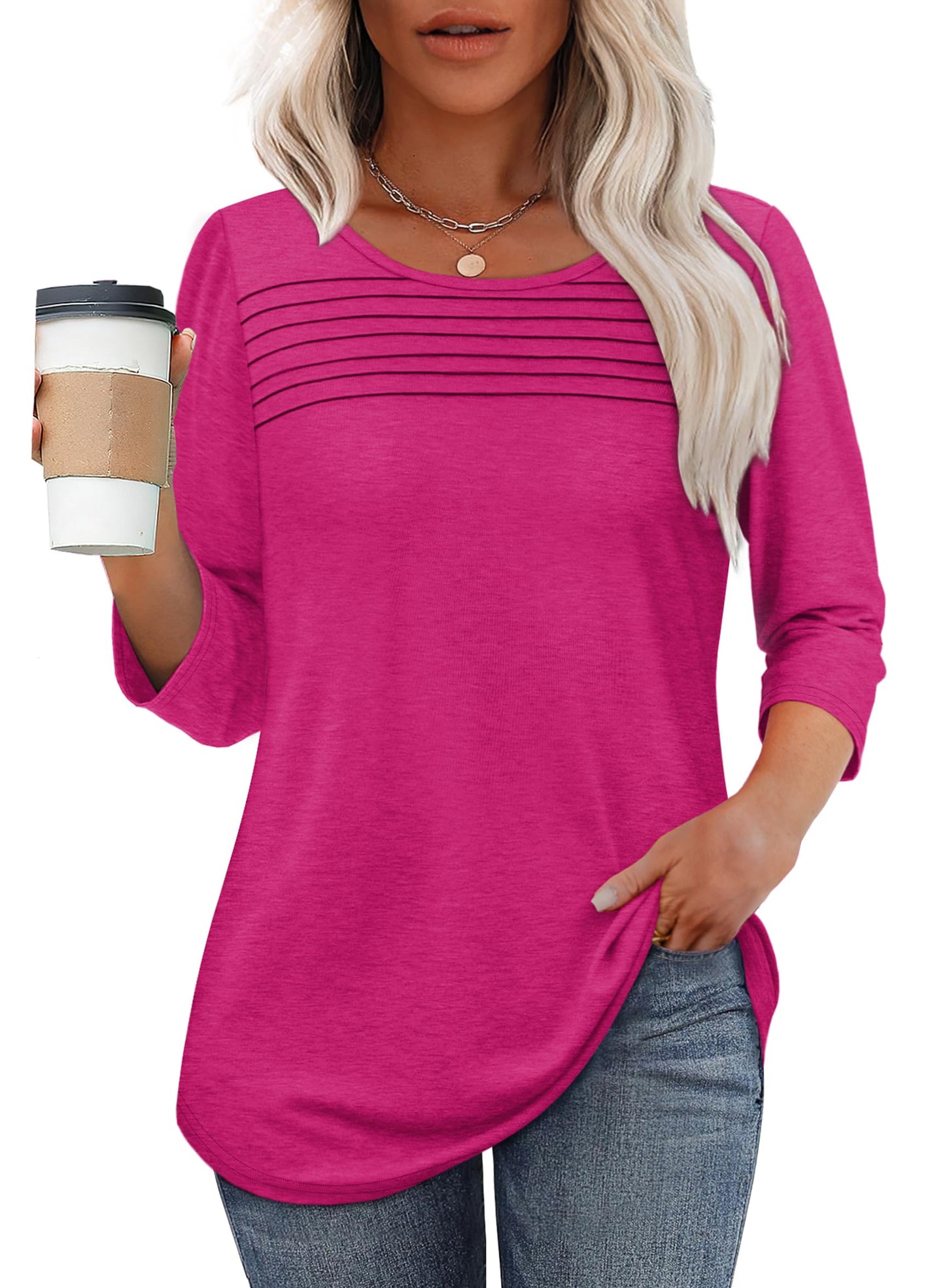 ✨ Women's 3/4 Length Sleeve Top Pleated Front T-Shirt