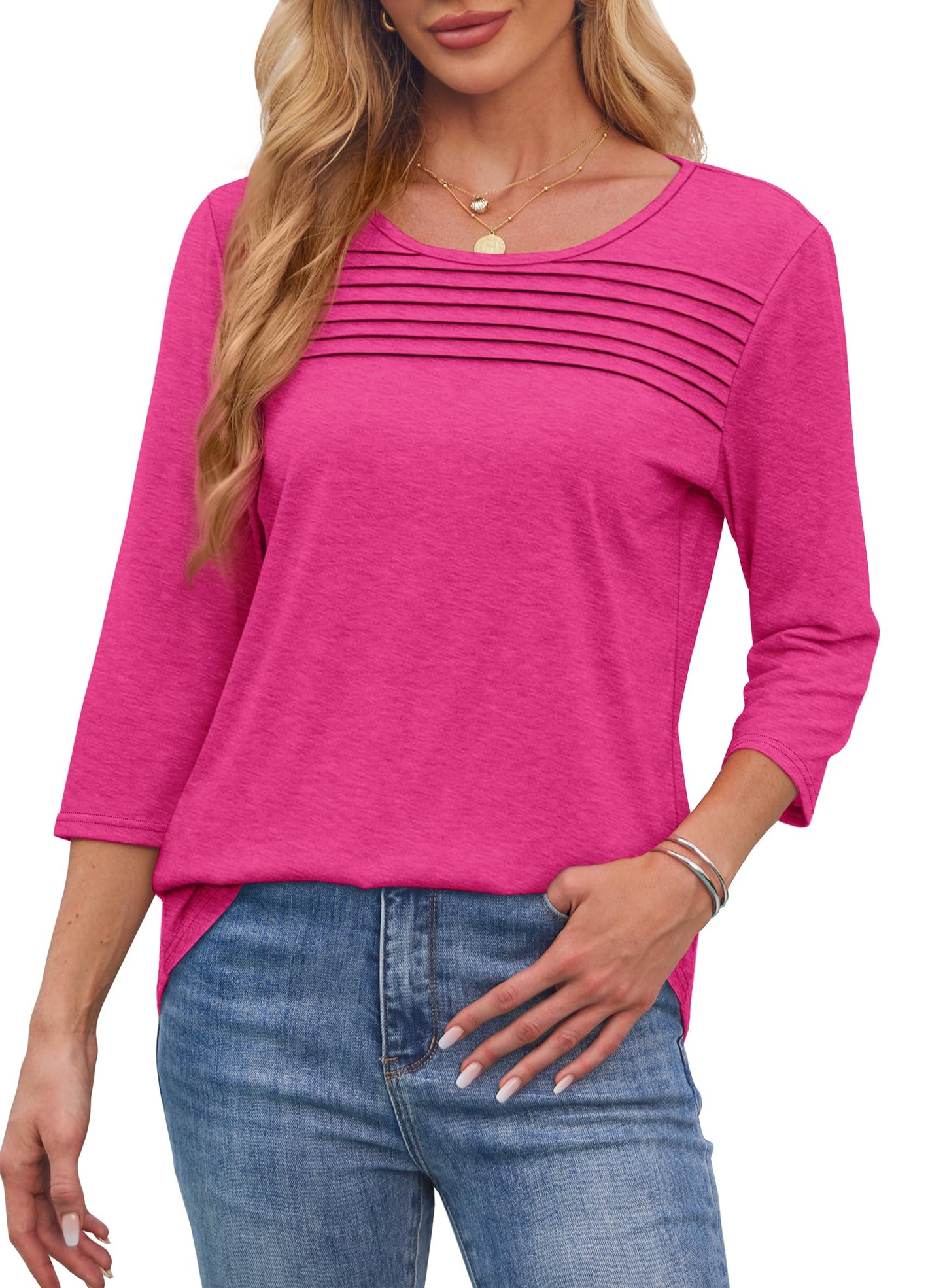 ✨ Women's 3/4 Length Sleeve Top Pleated Front T-Shirt