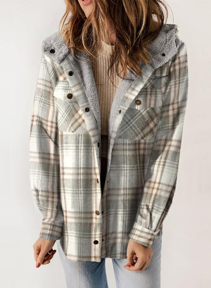 Women's Thickened Flannel Long Sleeve Plaid Jacket Coat with Hood(Buy 2 Free Shipping)