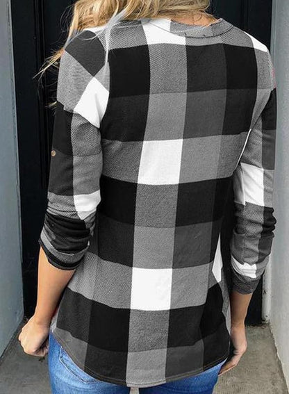 ✨Women's V Neck Plaid Print Cuffed Long Sleeve Shirt
