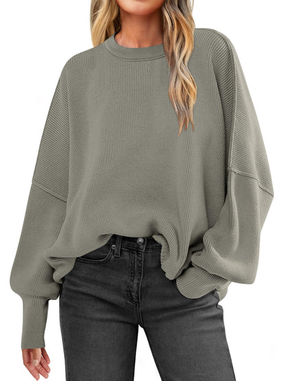 Women Oversized Side Slit Ribbed Knit Pullover Sweaters Top