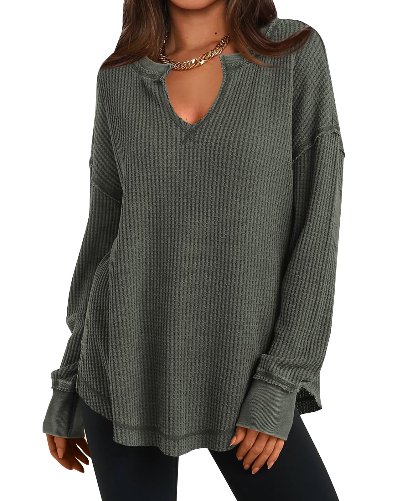 ✨Women's Waffle Knit Exposed Seam Pullover