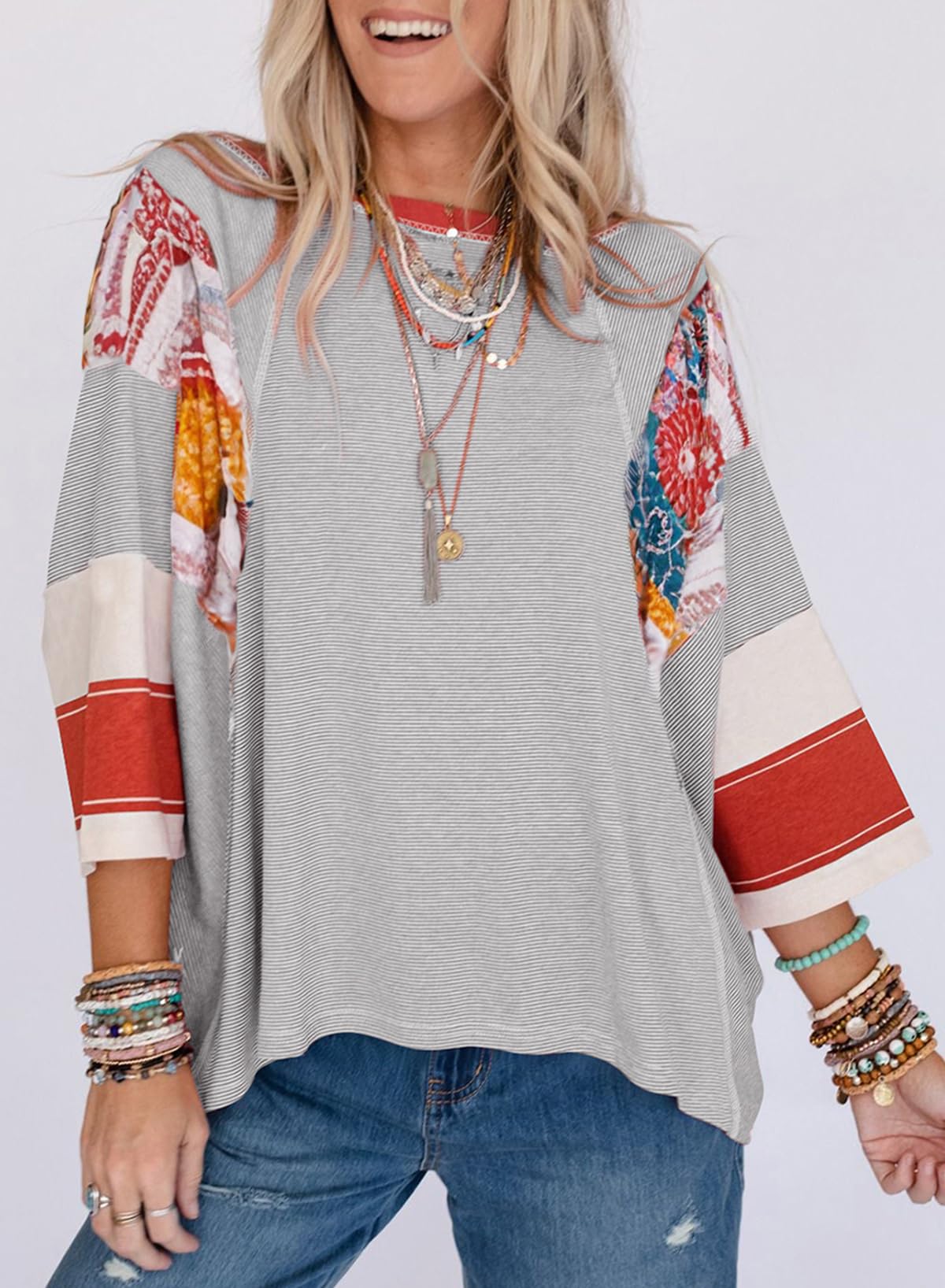 ✨Women's 3/4 Length Sleeve Oversized Striped Patchwork Shirts