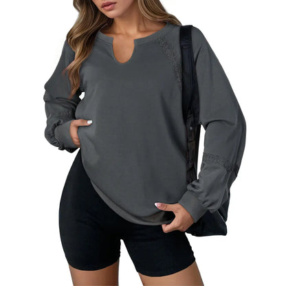Notch V-Neck Lace Spliced Long Sleeve Sweatshirt
