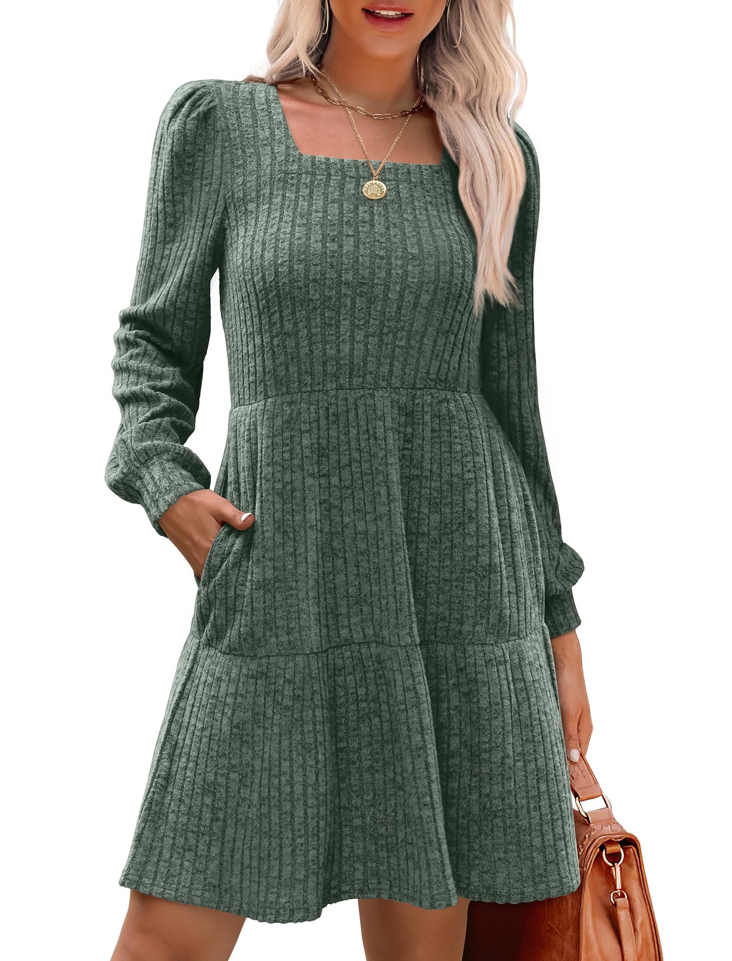 ✨Women's Square Neck Lantern Sleeve Ribbed Dress