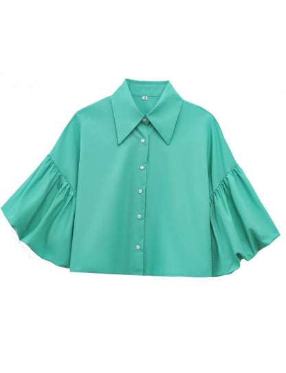 ✨Womens Cute Lantern Sleeve Collar Button Down Crop Tops
