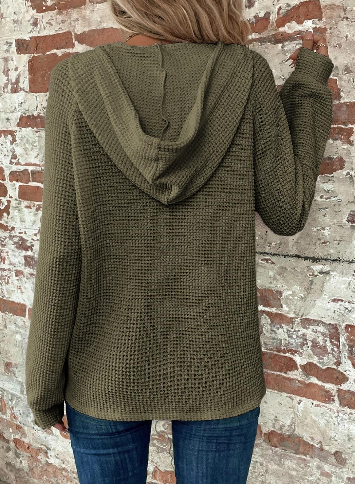 Limited time sale 🔥Women's Waffle Knit Drawstring Button V Neck Hooded Sweatshirt