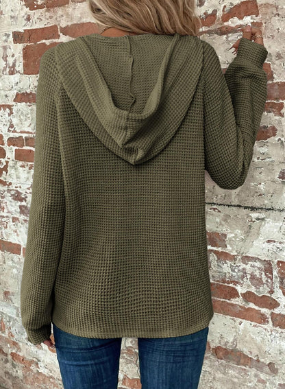 Limited time sale 🔥Women's Waffle Knit Drawstring Button V Neck Hooded Sweatshirt