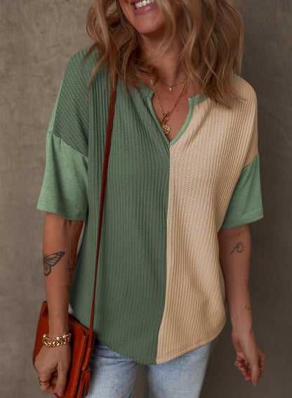 ✨Women's Half Sleeve Waffle Knit Casual V Neck Colorblock Patchwork Shirts