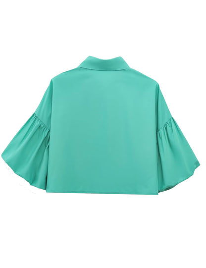 ✨Womens Cute Lantern Sleeve Collar Button Down Crop Tops