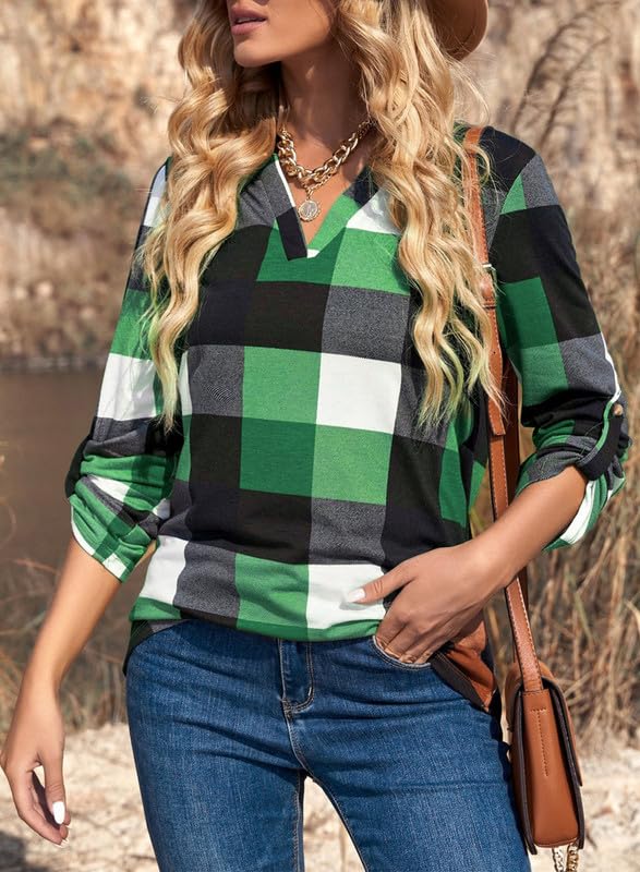 ✨Women's V Neck Plaid Print Cuffed Long Sleeve Shirt