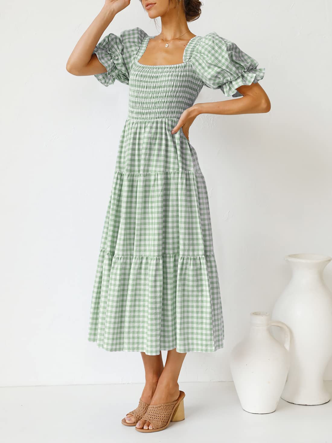 ✨Women's 2025 Summer Plaid Tiered Square Neck Puff Sleeve Ruffle Flowy Midi Dress