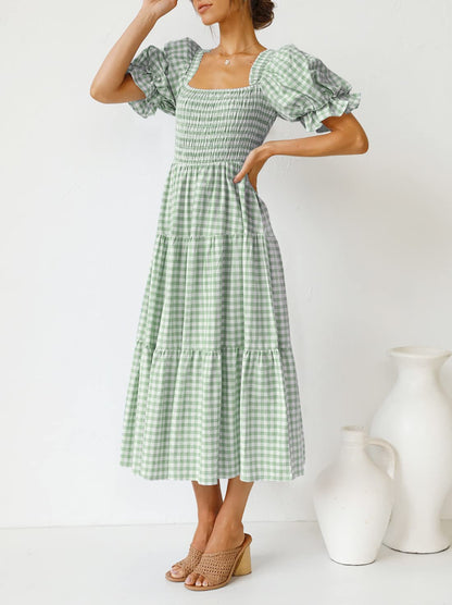 ✨Women's 2025 Summer Plaid Tiered Square Neck Puff Sleeve Ruffle Flowy Midi Dress